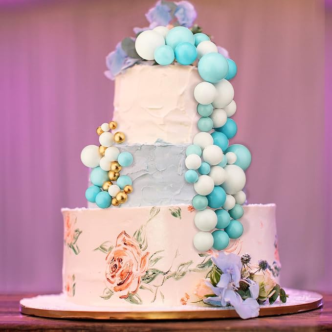 108 Pcs Balls Cake Topper DIY Cupcake Insert Foam Balloons for Cake Baking Wedding Anniversary Birthday Decoration(Blue, White, Gold,Multi Sizes)