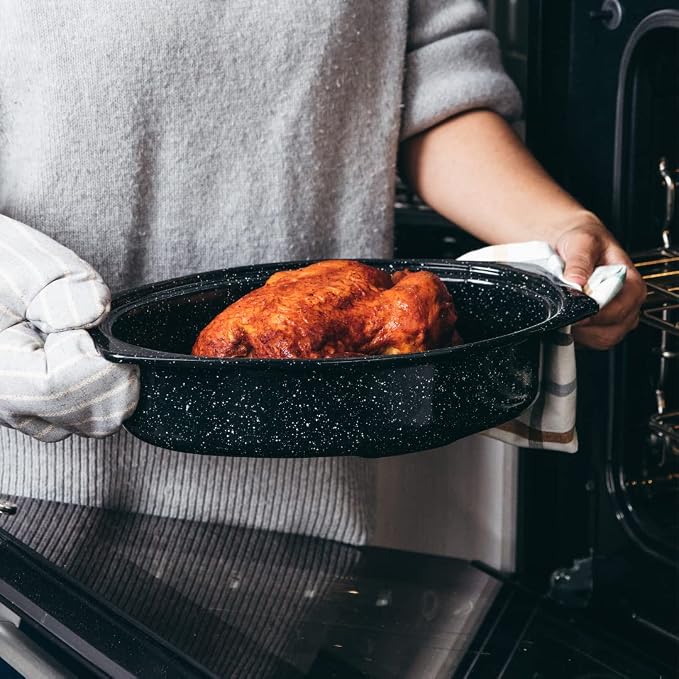 Granite Ware 13" Oval Roaster with Lid – Enameled Steel, Oven Safe to 932°F – Ideal for Roasting, Baking & Sourdough Bread – Self-Basting Cover, Dishwasher Safe, 7 lb Capacity