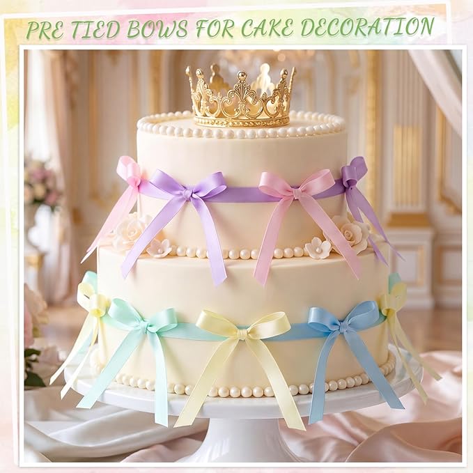 30 PCS Pastel Bows for Cake Ribbon Bow Cake Topper Rainbow Bow Cupcake Toppers for Baby Shower Bridal Weddings Birthday Party Bachelorette Balloon Wall Decorations