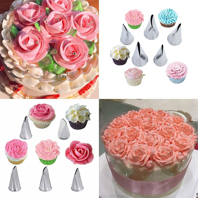 Hendiy 7 Pieces/Set Stainless Steel Cake Decorating Tips Set | Cream Icing Piping, Fondant Rose Nozzle, Pastry Tools