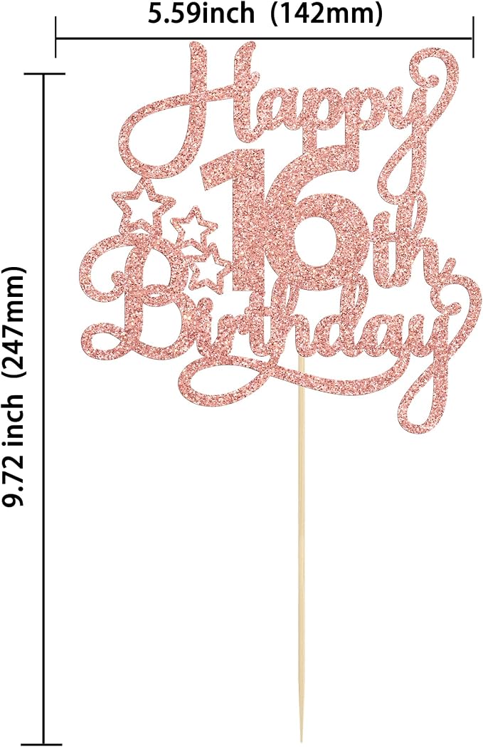 1 Pack Happy 16th Birthday Cake Topper Glitter Sweet 16 Cake Pick Birthday 16th Birthday Cake Decorations for Children 16th Theme Party Supplies Rose Gold