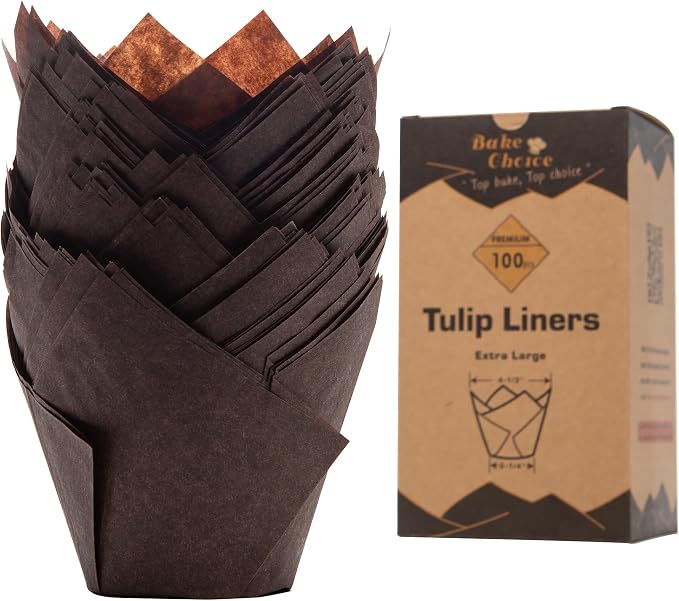 Bake Choice Nordic Paper100pcs Extra Large Size Brown Tulip Cupcake Liners for Baking Cups EU Parchment paper Tulip Muffin Liners, Jumbo Cupcake Wrapper for Party, Christmas