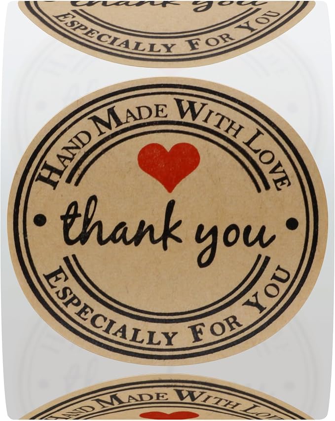 Hybsk Kraft Thank You Hand Made with Love with Red Heart Stickers 2 Inch Round Total 300 Adhesive Labels Per Roll