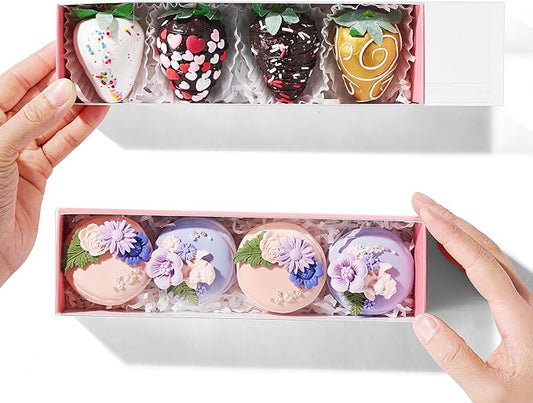 25Pack Pink Chocolate Covered Strawberry Box for 4, Macaron boxes, Long Treat Box for Truffles, Cookies, Ores, Chocolate Cocoa Bombs&Cake Ball Bakery Packaging Supplies