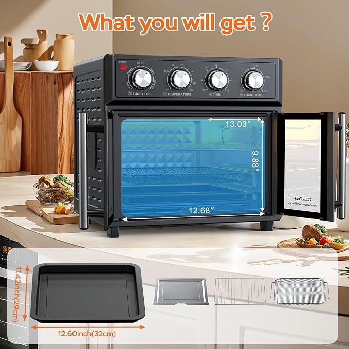 PlumChef 27.5 Quart Air Fryer Convection Toaster Oven, Black | Extra Large, 6 Slices, French Door, 1700W, Multifunction: Air Fryer, Toast, Grill, Defrost, Bake