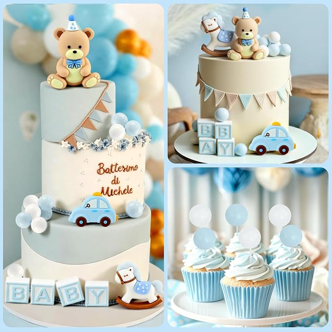 MEMOVAN Blue Bear Cake Topper 17Pcs Teddy Bear Cake Decorations We Can Bearly Wait Cake Topper with Blue White Balls Car Horse for Bears Themed Baby Shower Birthday Party Supplies