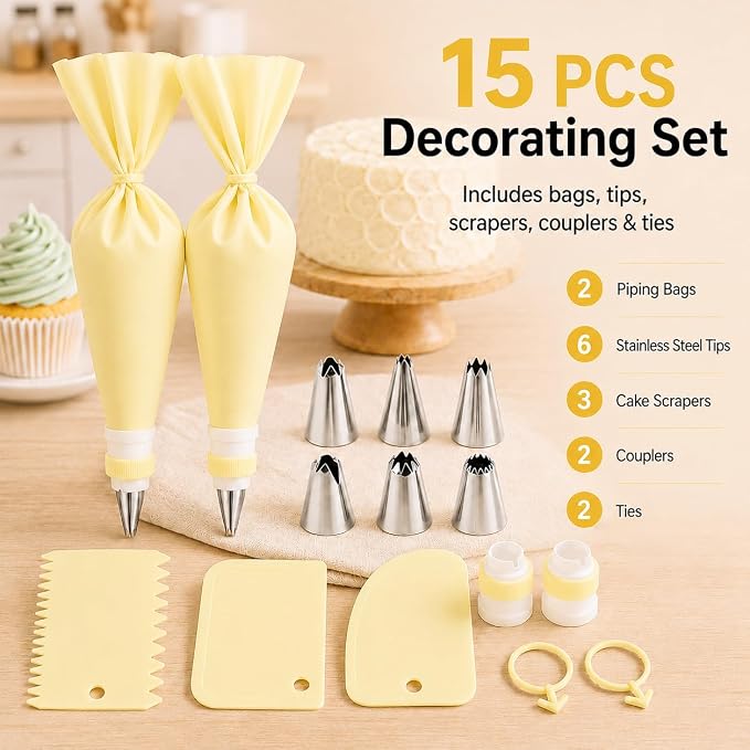 15 PCS Cake Decorating Supplies Set with 2 Reusable Superflex Piping Bags, 6 Stainless Steel Icing Tips, 3 Cake Scrapers, 2 Couplers and Ties for Beginners,Cream Yellow