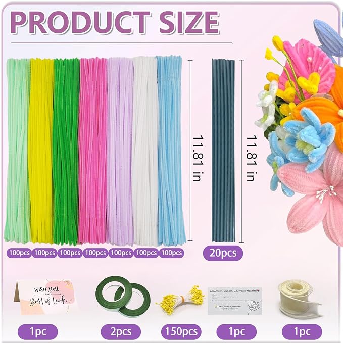 AHAMETON 720Pcs Pastel Pipe Cleaner Flower Kit, 7 Colors Bulk Pipe Cleaners Craft Supplies with Wires, Stamens, Ribbon, Tapes, Card, DIY Flower Making for Party Home Decor, Gifts School Crafts