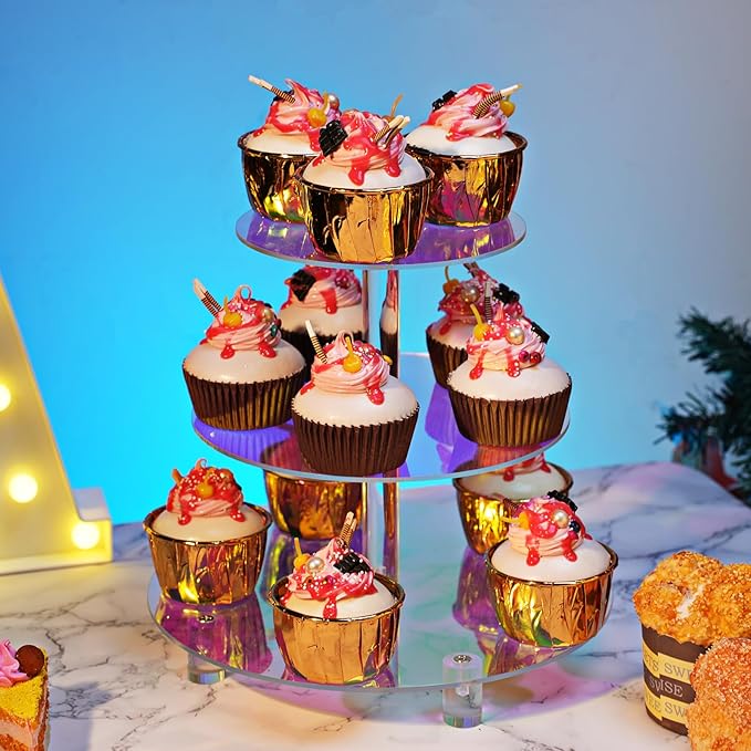 3 Tier Iridescent Acrylic Cupcake Stand (6", 8", 10") with 4" Spacing - Rainbow Holographic Dessert Tower with Solid Rods - Color Changing Cake Display for Disco, Mermaid, & Birthday Party Decor (Rainbow Colors)