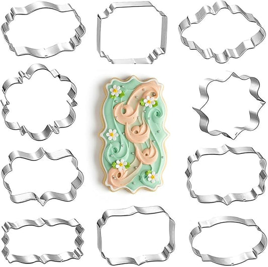 10 Pcs Plaque Frame Cookie Cutters Set Stainless Steel Geometric Shape Molds for Sugar Cookies Fondant Biscuit Baking Supplies Wedding Party Pastry Decoration Tools Clay Crafting Kit
