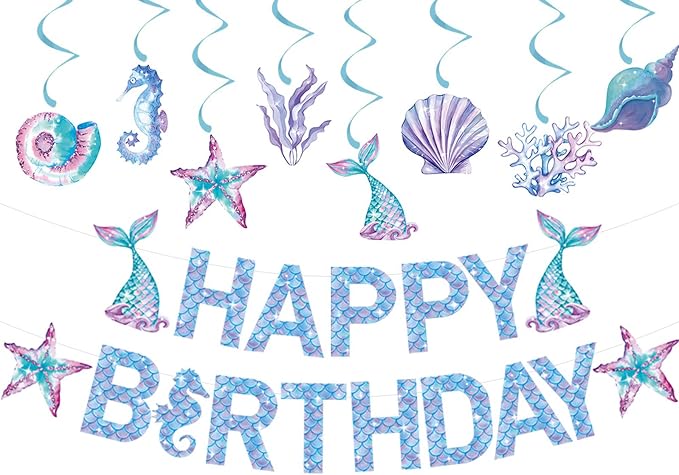 Zwiebeco Mermaid Happy Birthday Party Decoration Banner Bunting Garland Hanging Paper Swirls Kit for Kids Girls Under the Sea Theme Accessories Supplies