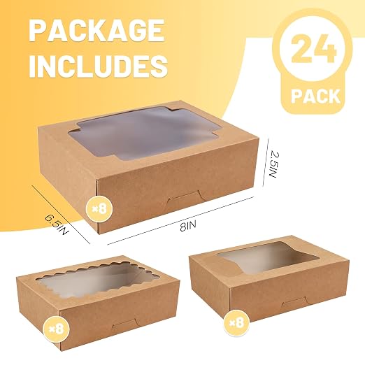 NPLUX Cookie Boxes Bakery Boxes with Window 8x6.5x2.5 Inches Auto-Popup Treat Pastry Boxes for Gift Giving, Graduation Gifts Party Favors(24pack, Brown)