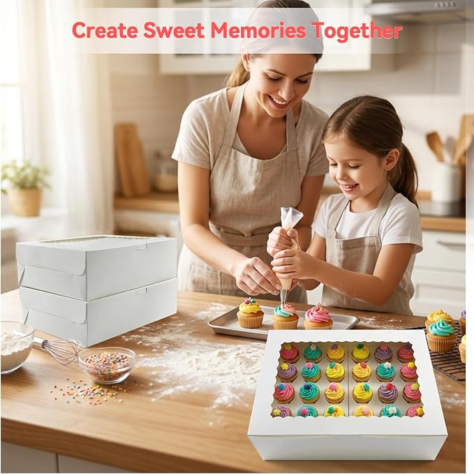 6 Pack White Mini Cupcake Boxes Containers Hold 24 MINI Cupcakes, 13 x 8.8 x 3.5 Inch Dessert Muffins Box with Window and Inserts for Birthday Holiday Party Bakery Supplies