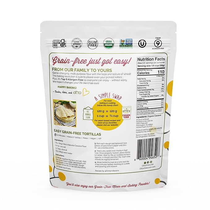 Otto's Naturals Organic Multi-Purpose Cassava Flour, Gluten-Free, Grain, Nut and Gum-Free, 1-to-1 Wheat Alternative, Paleo, AIP, 1.5 lb
