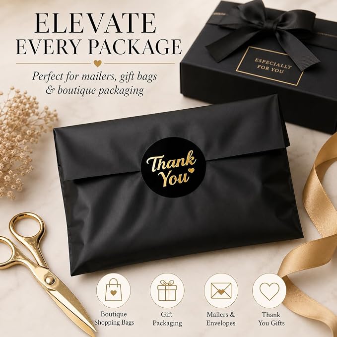 500 Thank You Stickers Roll – 1.5 Inch Black and Gold Foil Round Labels – Elegant Thank You Stickers Small Business Packaging, Envelopes, Gift Bags, Orders, Party Favors, Crafts