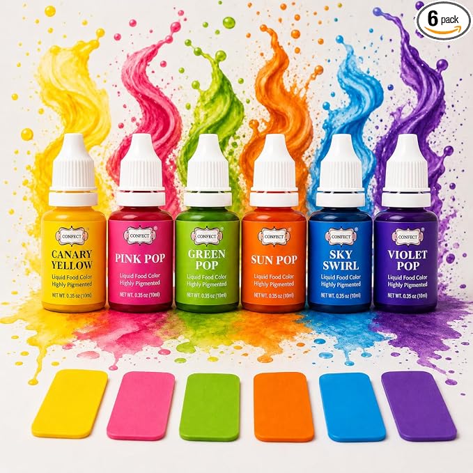 Confect Party Brights Water Color Food Coloring Set – Highly Pigmented Oil Based Food Colors for Cakes, Buttercream, Drinks, Popsicles & Baking – 6 Pack × 10mL