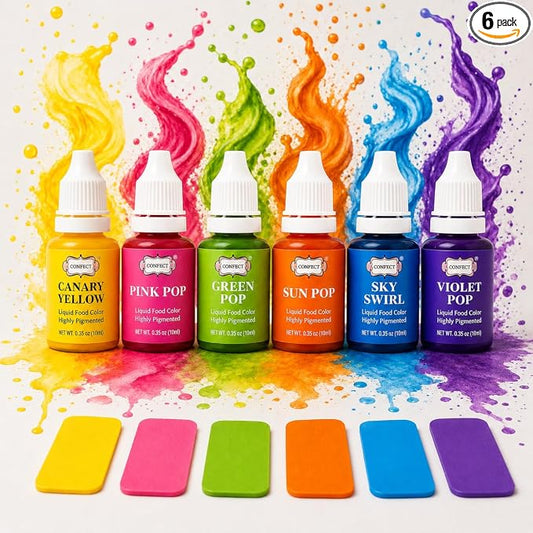 Confect Party Brights Water Color Food Coloring Set – Highly Pigmented Oil Based Food Colors for Cakes, Buttercream, Drinks, Popsicles & Baking – 6 Pack × 10mL