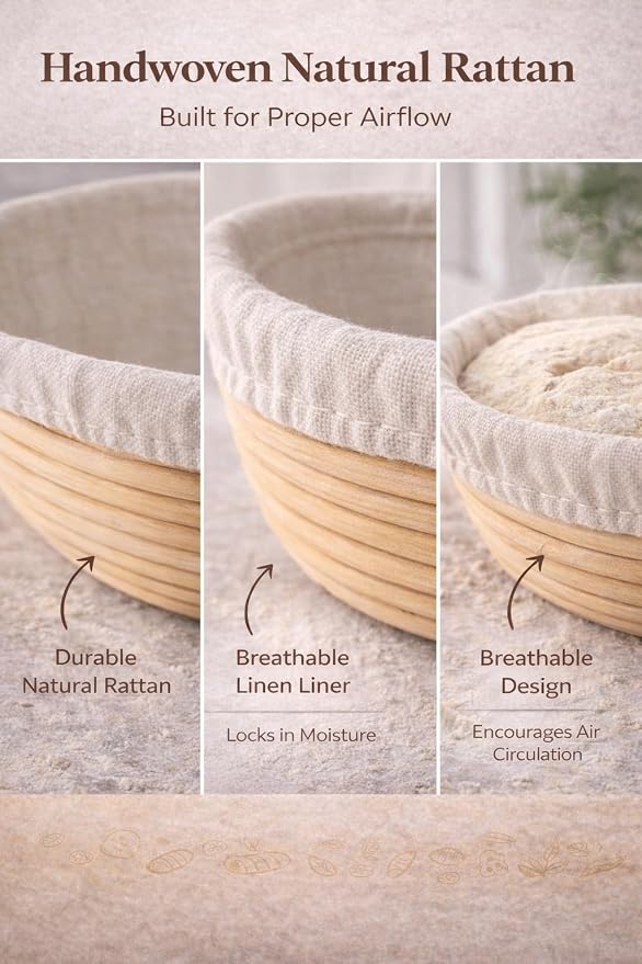 Banneton Bread Proofing Basket 9 Inch Round with Linen Liner & 16x13 XL Reusable Beeswax Bread Bag – Sourdough Proofing Basket, Banneton Basket, Large Bread Storage Bag
