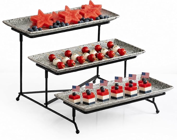 LAUCHUH 3 Tier Serving Tray, Porcelain Serving Platters and Trays for Party 12 Inch Tiered Tray Stand Cupcake Stand with Collapsible Sturdier Rack for Father's Day Serving Food, Speckled Gray