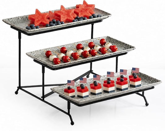LAUCHUH 3 Tier Serving Tray, Porcelain Serving Platters and Trays for Party 12 Inch Tiered Tray Stand Cupcake Stand with Collapsible Sturdier Rack for Father's Day Serving Food, Speckled Gray