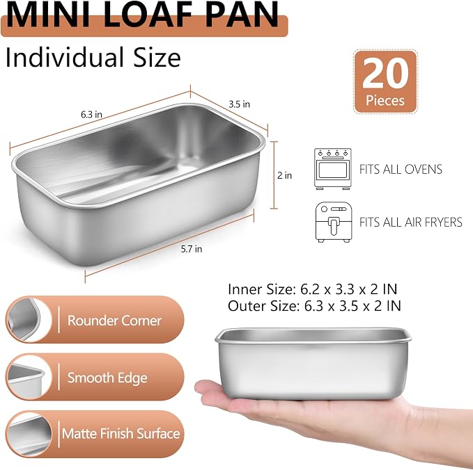 LIANYU 6.3 x 3.5 Inch Mini Loaf Pans for Baking Bread, 20 Pack Stainless Steel Small Bread Loaf Pan Mold for Homemade Meatloaf, Metal Tin Loaf Baking Pan for Banana Sourdough Sandwich, Dishwasher Safe