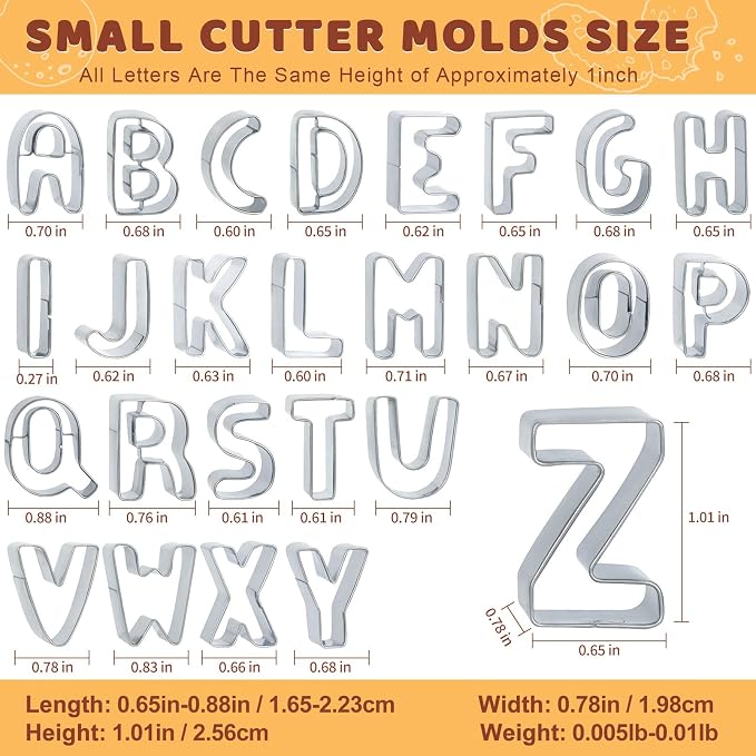ofone Small Alphabet Cookie Cutters(A - Z), 26 Pcs Stainless Steel Fondant Letter Cutters Set, Mini Metal Biscuit Cutter Shapes for Baking Cakes Pastry Polymer Clay Fruits