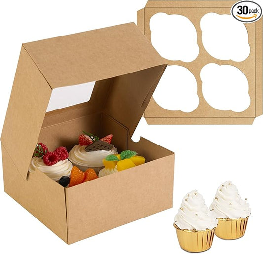 Jotique Cupcake Boxes with Window, 30 Sets 6x6x3 Inch Kraft Paper Bakery Boxes for Cookies and Muffins, Sturdy Disposable Treat Boxes for Pastry, Baked Goods, Gift Giving, Mother's Day