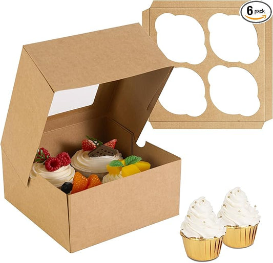 Jotique Cupcake Boxes with Window, 6 Sets 6x6x3 Inch Kraft Paper Bakery Boxes for Cookies and Muffins, Sturdy Disposable Treat Boxes for Individual Pastry, Baked Goods, Gift Giving, Mother's Day