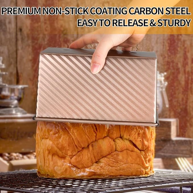 Non-Stick Pullman Pan with Lid, Loaf Pan with Lid, Carbon Steel Corrugated Bread Toast Box Mold with Cover for Baking Bread Sandwich,1 lb Dough with 3 PCS Dough Scraper Cutter