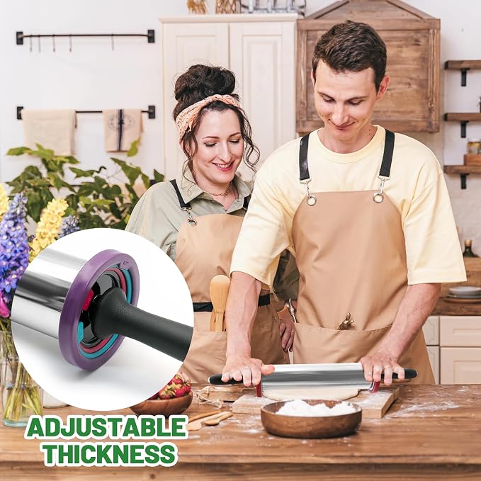 Rolling Pins,Rolling Pin and Silicone Baking Pastry Mat Set,Rolling Pins,Adjustable Stainless Steel Rolling Pin with Thickness Rings for Baking Dough,Pizza,Pie,Pasta(Black Mat)