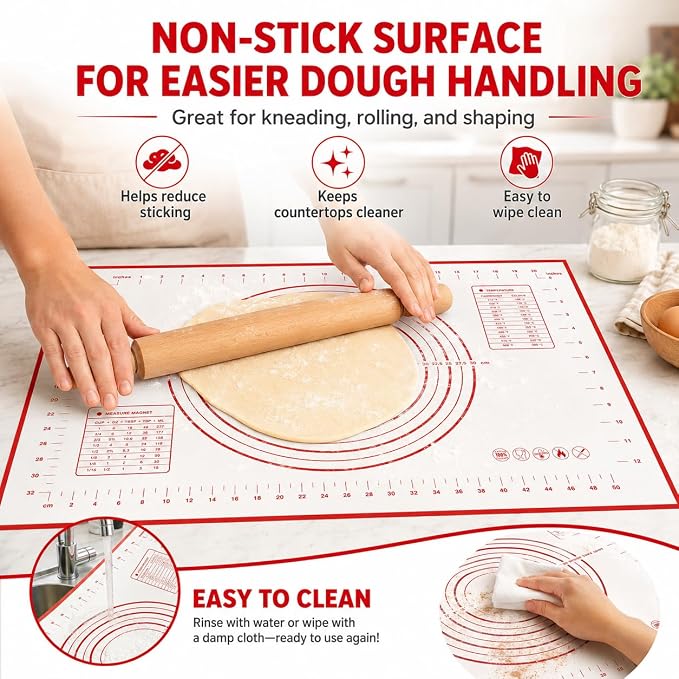 Silicone Pastry Mat 24 x 16 Inch, Non-Stick Dough Mat with Measurements | 24 x 16 inch food-grade silicone pastry mat with non-stick surface, printed guides, easy cleanup and roll-up storage.