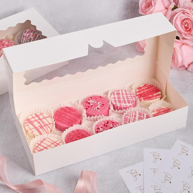 30 Pack Auto Pop-up Cookie Boxes with Window, 12.5" x 5.5" x 2.5", White | Bakery Treat Boxes, For Chocolate Covered Strawberries, Cake Pops, Donuts, Cocoa Bombs, Sugar Cookies, Pastries