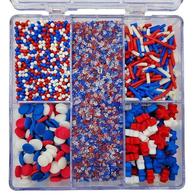 Red White and Blue Sprinkles for Baking, Edible Patriotic 4th of July Sprinkle Mix for Cake Decorating with Sparkling Sugar, Jimmies, Stars, Nonpareils, Confetti, Ice Cream Cupcake Toppings Supplies