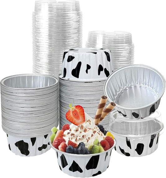 100Pcs Aluminum Cups with Lids,5oz Disposable Ramekin Baking Cups Muffin Liners Mini Pie Pans Foil Cupcake Containers for Christmas Party Wedding Party,Cow Print