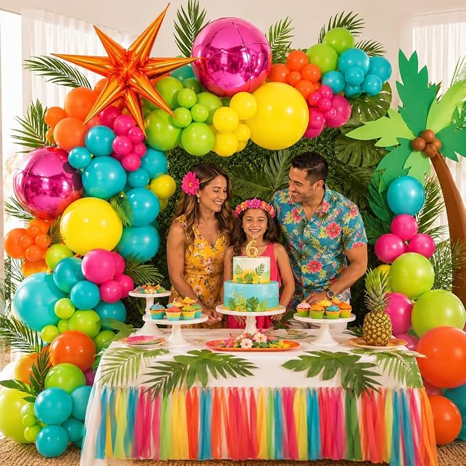 Tropical Balloon Arch Kit, Hot Pink Orange Yellow Green Teal Blue Tropical Balloon Garland with Orange Star Foil and Pink 4D Round Balloons for Hawaiian Luau Summer Party Decorations Birthday Decor