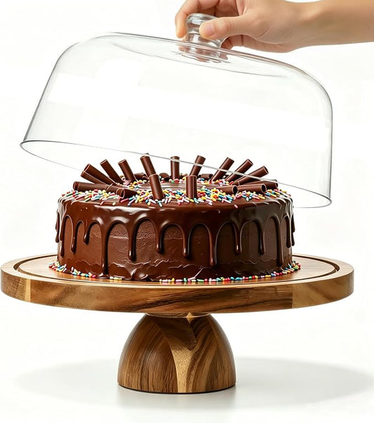 Acacia Wood Cake Stand with Lid, 2-In-1 Cake Plate with Acrylic Lid, 12in Round Dessert Table Display Set, Raise Dome for Charcuterie Board, Cheese, Chips & Dips, Nachos, Fruit Platter (12in)