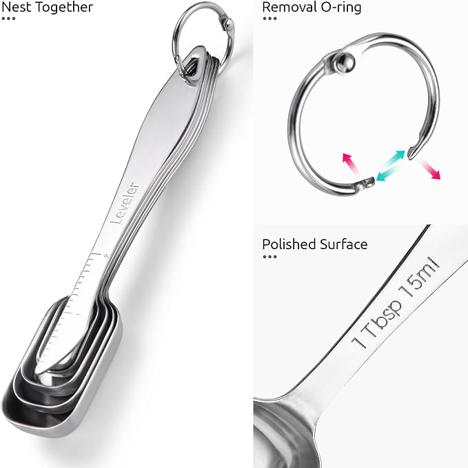 U-Taste Narrow Square Measuring Spoons: 18/8 Stainless Steel Kitchen Measure Teaspoon Tablespoon with Leveler, Polygon Rectangular Metal Jar Scoop for Baking Cooking, Coffee, Spice, Powder (Set of 7)