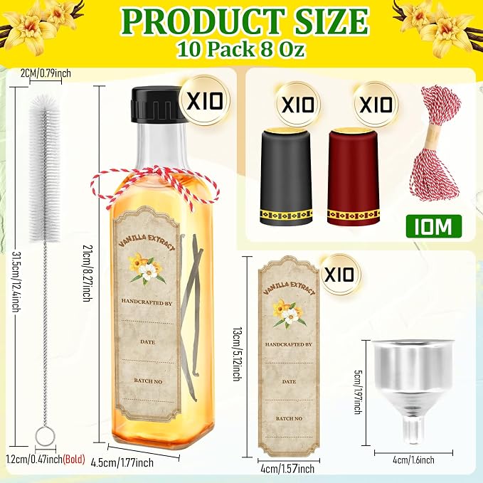 10-Pack Glass Vanilla Extract Bottles 8 oz with Lids, Labels, Shrink Bands & Funnel – Ideal Glass Jars for Syrup, Extract, and Essential Oils