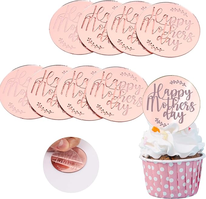 Wootkey 20 Pcs Acrylic Happy Mothers Day Cupcake Toppers Rose Gold Mirror Cake Toppers for Mothers Day Cake Decorations DIY Gift Dessert Arrangements Decor