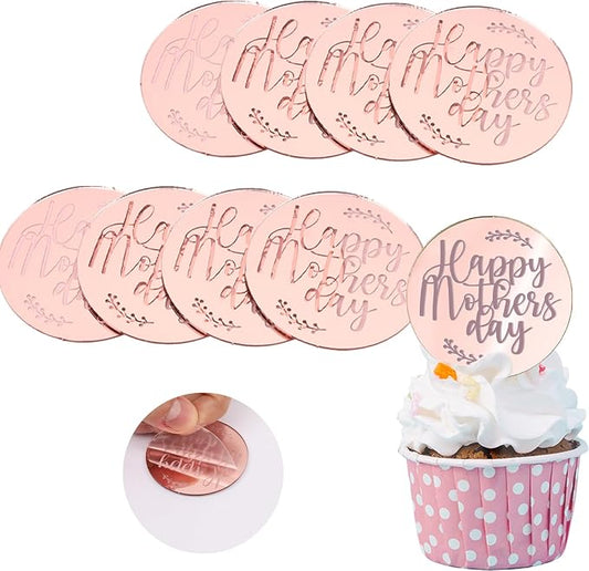 Wootkey 20 Pcs Acrylic Happy Mothers Day Cupcake Toppers Rose Gold Mirror Cake Toppers for Mothers Day Cake Decorations DIY Gift Dessert Arrangements Decor