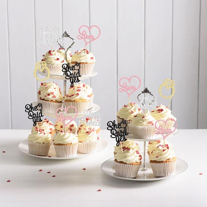 Gyufise 24 Pack Multicolor Glitter He Asked She Said Yes Cupcake Toppers Diamond Ring Heart Cake Picks for Wedding Engagement Party Table Decorations