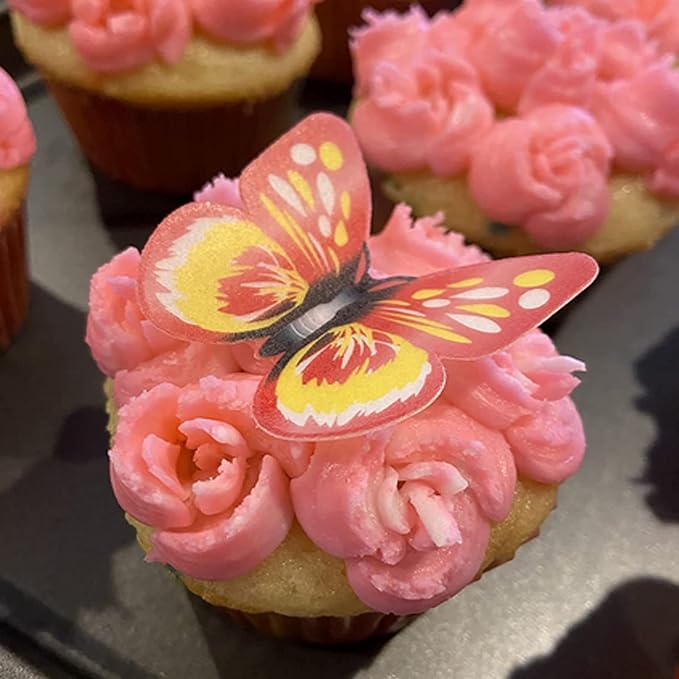 Weraru 48Pcs Edible Cake Butterfly Decoration Cake Toppers Birthday Party Cupcake Toppers Mixed Size & Colour