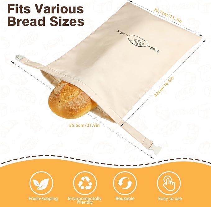 2 Pack Beeswax Bread Bags for Sourdough Homemade Bread, XL Reusable Bread Storage Bag, Organic Waxed Line and Linen Fabric Bread Bag for Home Bakers, Picnics Work or Gift-Giving