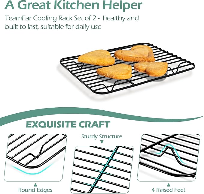 TeamFar Small Cooling Rack (Set of 2), 8.75’’ x 6.25’’ Coated Stainless Steel Wire Rack Baking Racks for Cooking Grilling Cooling, with Non-stick Coating, Healthy & Sturdy, Oven safe & Easy Clean