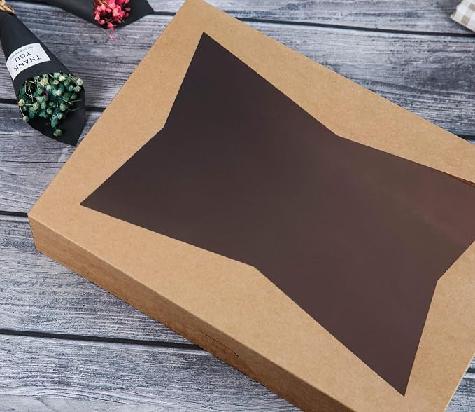 ONE MORE 14 x10 x 3inch Brown Paperboard Lock Corner Window Bakery Cookie Boxes, Large Container with PVC Windows for Pie and Cookie Box, Pack of 12