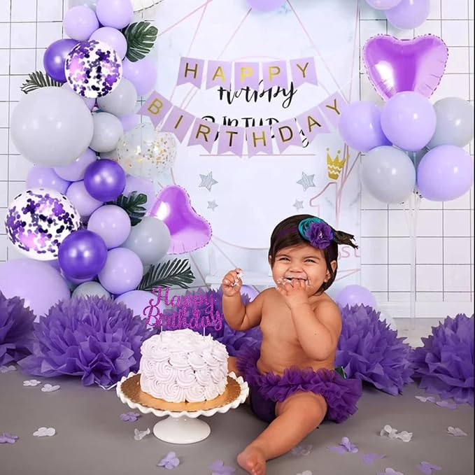 BEISHIDA Purple happy birthday Cake Topper, Happy Birthday Cake Bunting Decor,Birthday Party Decoration Supplies，Photo Booth Props