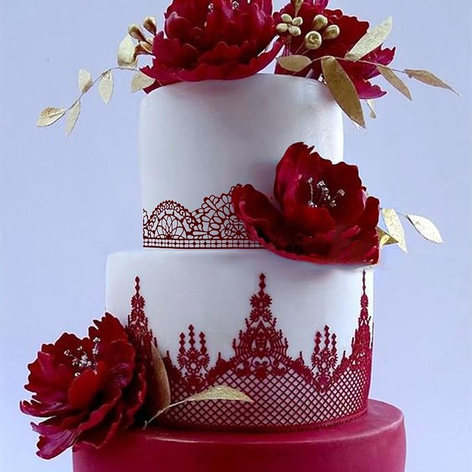 Large Pre-Made Ready to Use Edible Cake Lace Trim Variation Red 14-inch 10-Piece Set