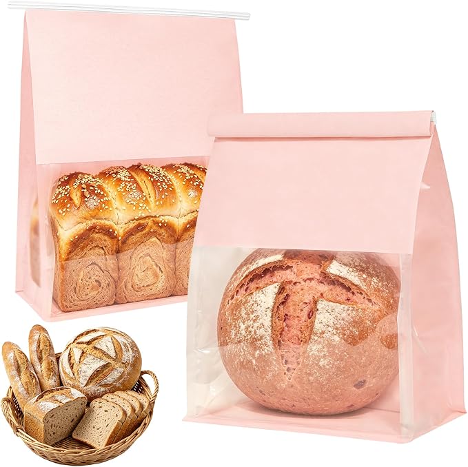 Funcoo 50 Paper Bread Bags with Tabs for Homemade Sourdough Bread, 8.7x4.3x11 Inches Pink Bakery Bread Bags with Window/Tin Tie Tab Lock, Large Bakery Loaf Bag for Baked Goods Packaging