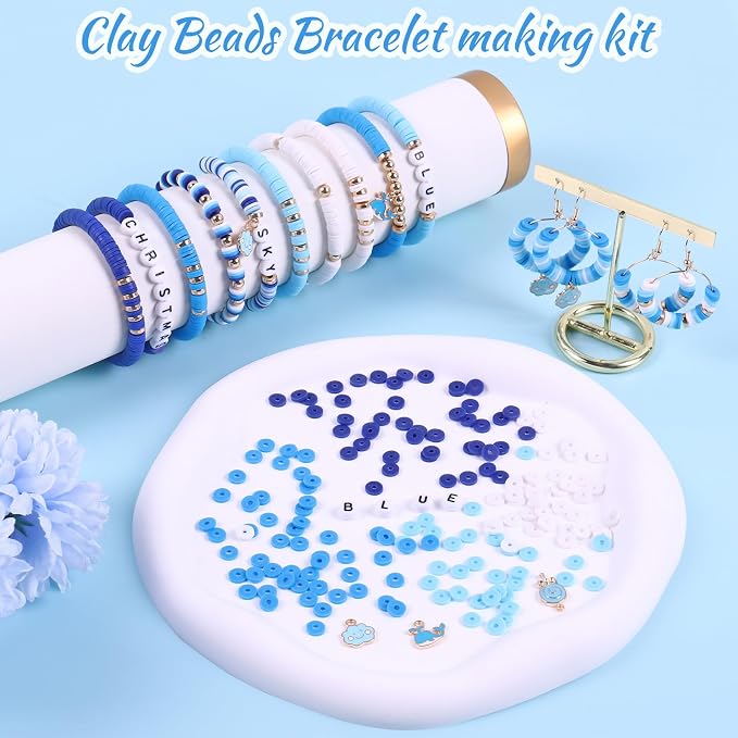 Wuollgess 3500 PCS Valentines Blue Clay Beads for Bracelet Making Kit, Polymer Heishi Beads for Jewelry Making Friendship Bracelet Kit for Adults, Spacer Letter Beads for Necklace Earring DIY