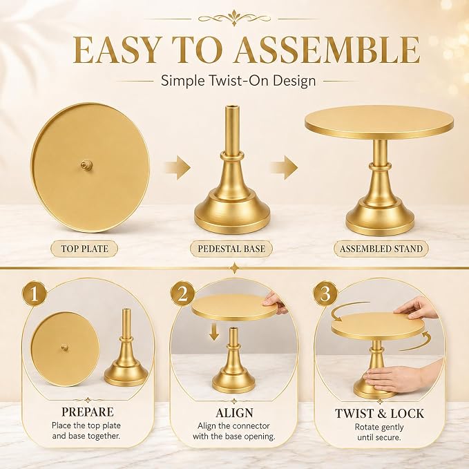 3 Pack Gold Cake Stand, 8 10 12 Inch Tiered Display | Metal build, Pedestal base, Dessert table, Wedding reception, Birthday party, Baby shower, Candy bar, Buffet setup